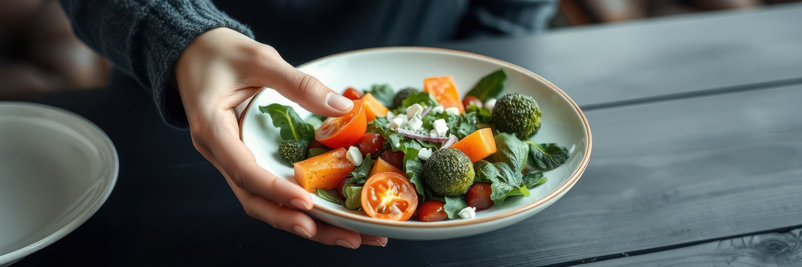 Delicious salad served on a rustic wooden table with fresh vegetables and greens during a cozy indoor gathering